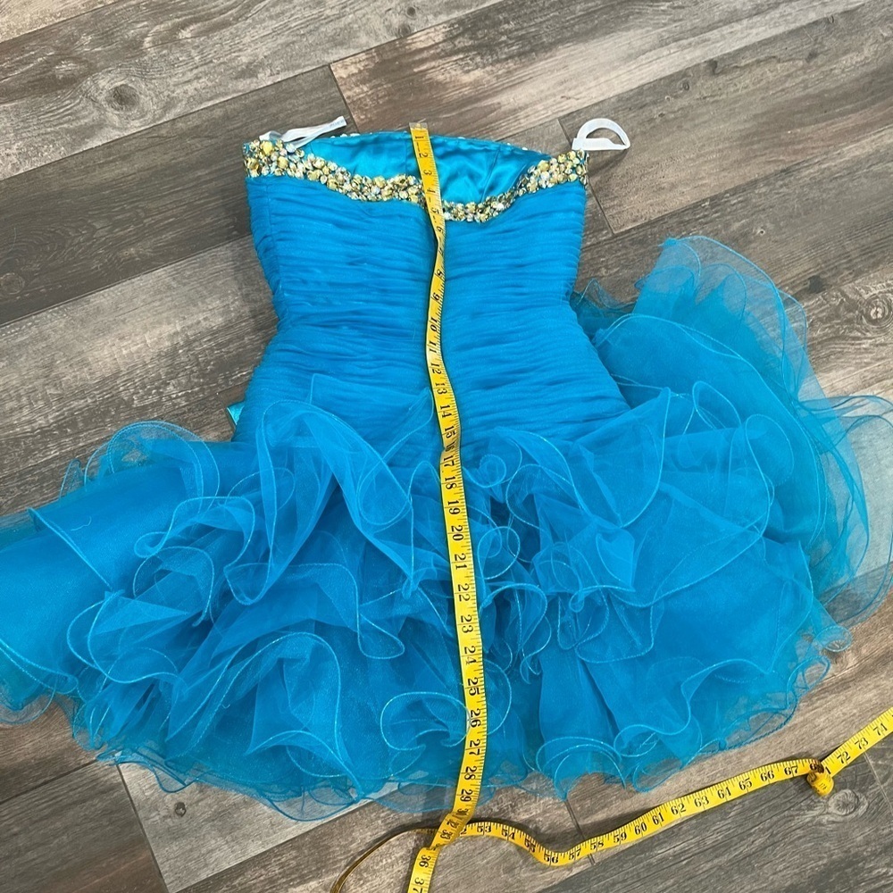 sherri hill 2326 Turquoise size 2 cocktail dress bow Rhinestone Flounce Ruffle - Picture 12 of 15